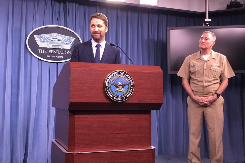 The Pentagon press briefing studio was filled to capacity as Butler — who plays the commander of the fictional attack sub USS Arkansas in the movie — answered questions about the experience.