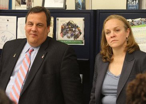 New Jersey Governor Chris Christie (left) and Newark school chief Cami Anderson (right) teamed up, along with former mayor (now Senator) Corey Booker to implement corporate "school reform" and the charter school attack on public education in the state's largest city.